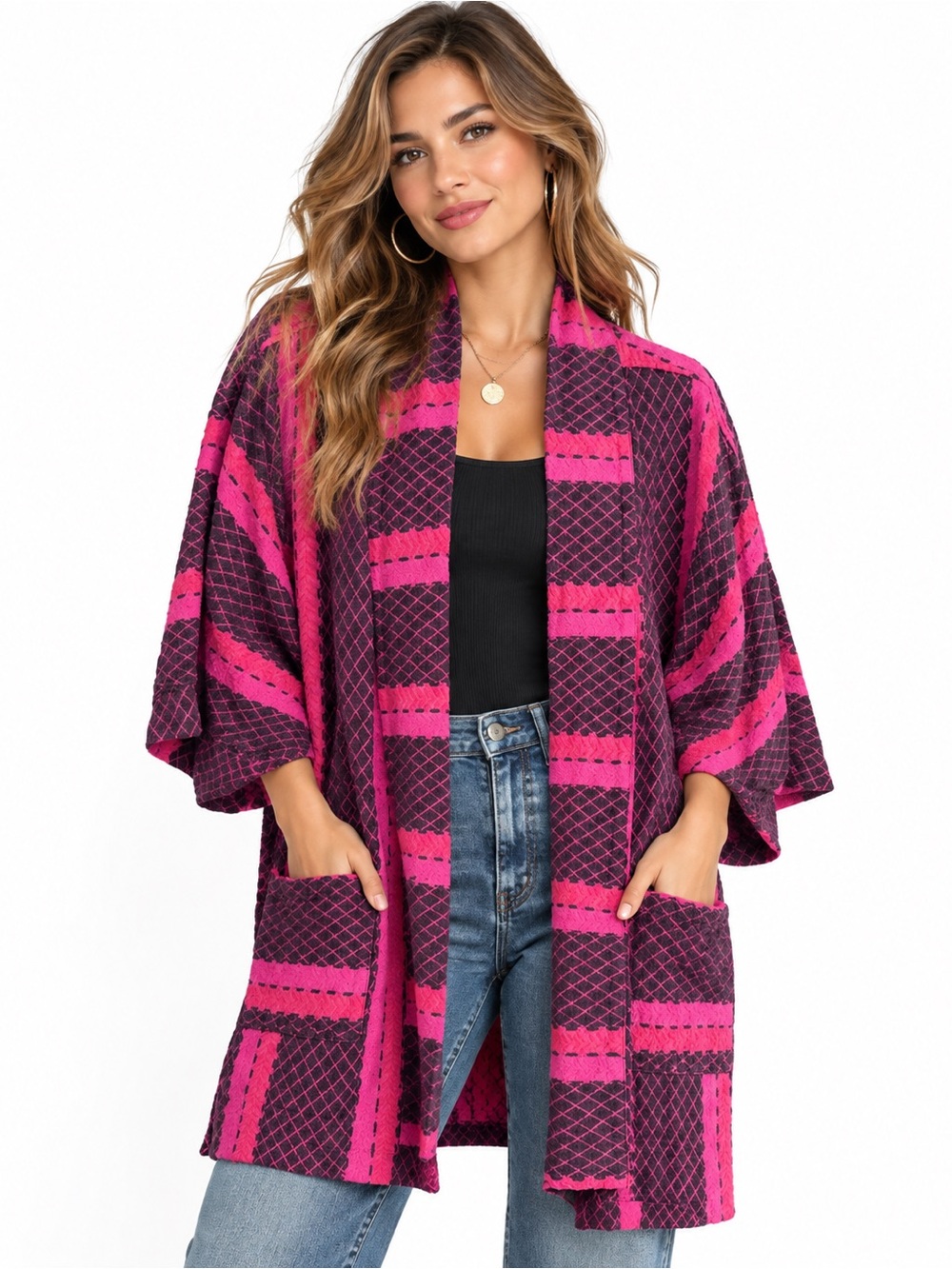 Women’s Open-Front oversized Kimono Cardigan in Fuchsia and dark violet